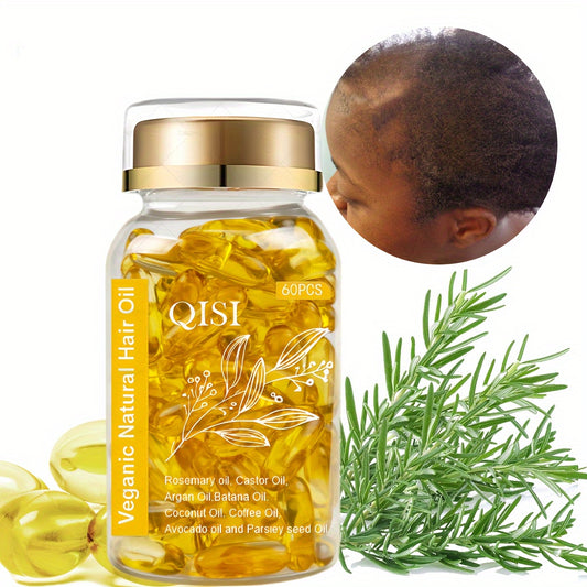 60 Capsules of Natural Hair Essence Capsules, Containing Rosemary, Jojoba Oil, Argan Oil, Coconut Oil, Vegan Natural Essential Oils for Normal Hair, Make Hair Stronger, Make Hair Look Healthier, Suitable for All Hair Types