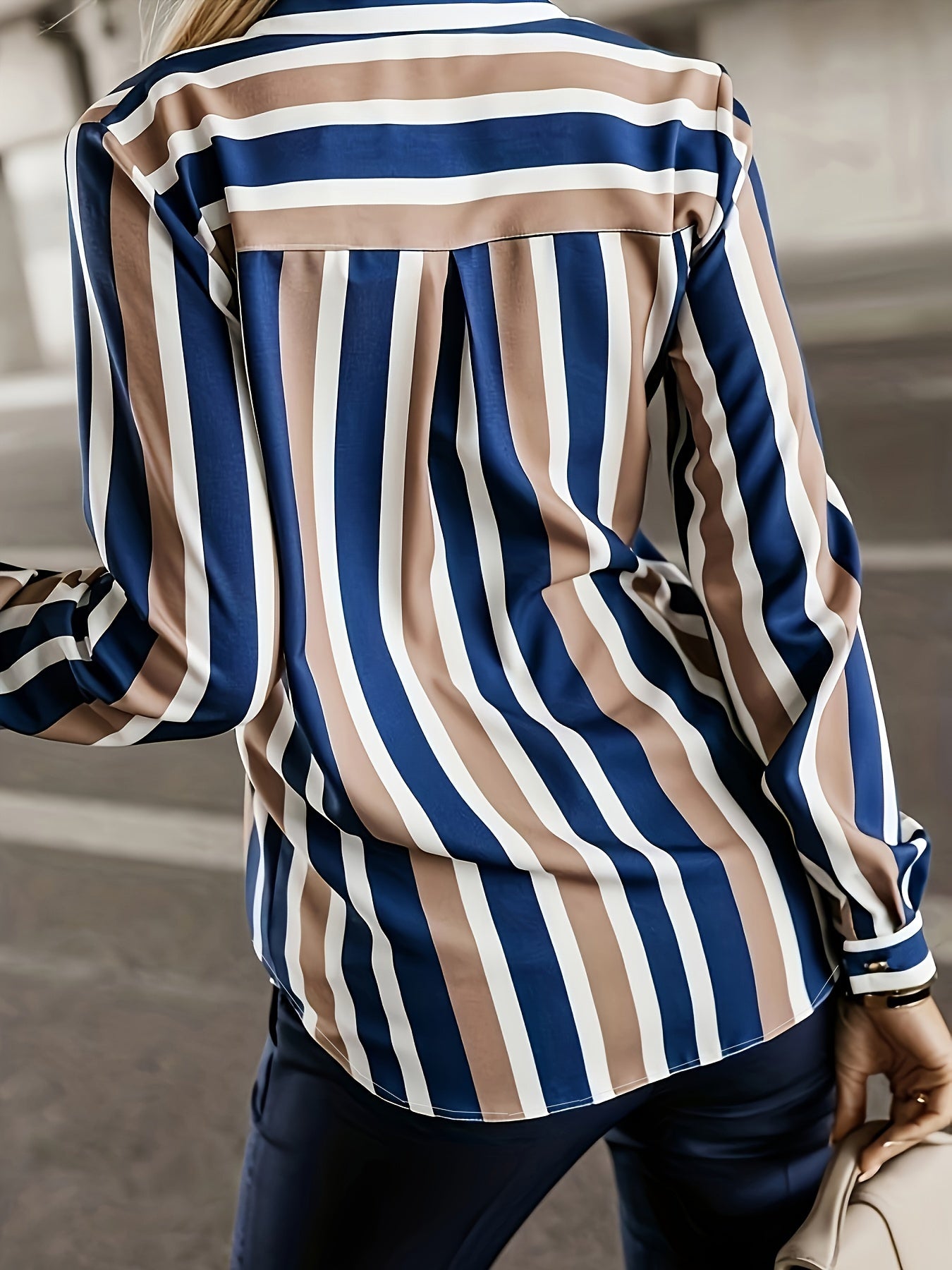 Plus Size Striped Button Up Shirt, Casual Long Sleeve Patched Pocket Shirt For Spring & Fall, Women's Plus Size Clothing