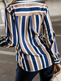 Plus Size Striped Button Up Shirt, Casual Long Sleeve Patched Pocket Shirt For Spring & Fall, Women's Plus Size Clothing