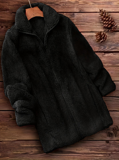Plus Size Solid Color Fuzzy Coat, Casual Zipper Front Long Sleeve Warm Outerwear For Fall & Winter, Women's Plus Size Clothing