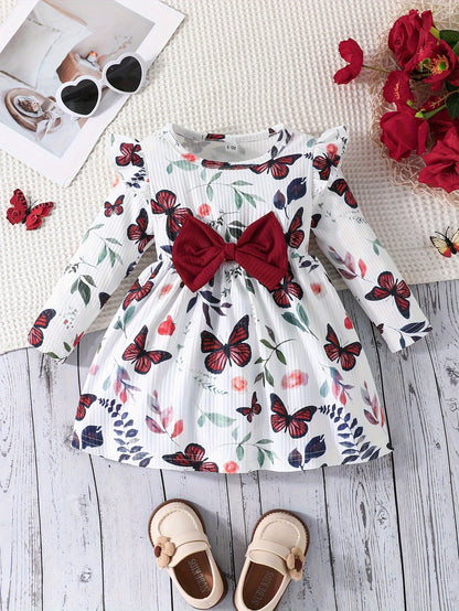 Two-piece Set Baby Girls Simple and Cute New Spring and Autumn Rose Butterfly Pattern Printed Small Flying Sleeve Round Neck Dress Solid Color Groove Dress Combination Set