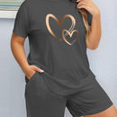 2pcs Women'S Plus Size Casual Outfit - Heart Print Short Sleeve T-Shirt & Pocketed Shorts, Stretchy Waistband, Crew Neck, Soft Fabric, Perfect for Spring/Summer