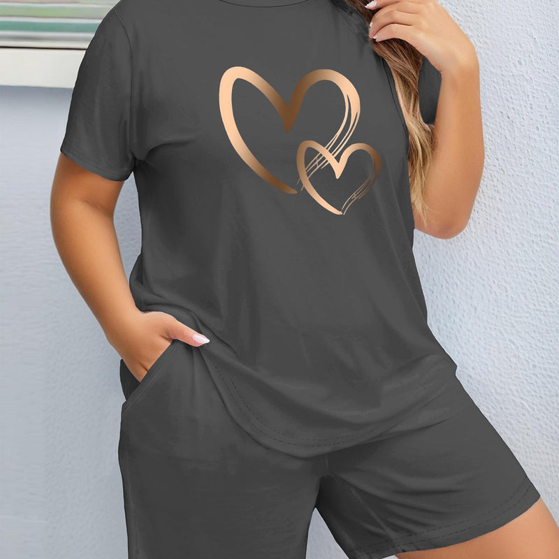 2pcs Women'S Plus Size Casual Outfit - Heart Print Short Sleeve T-Shirt & Pocketed Shorts, Stretchy Waistband, Crew Neck, Soft Fabric, Perfect for Spring/Summer