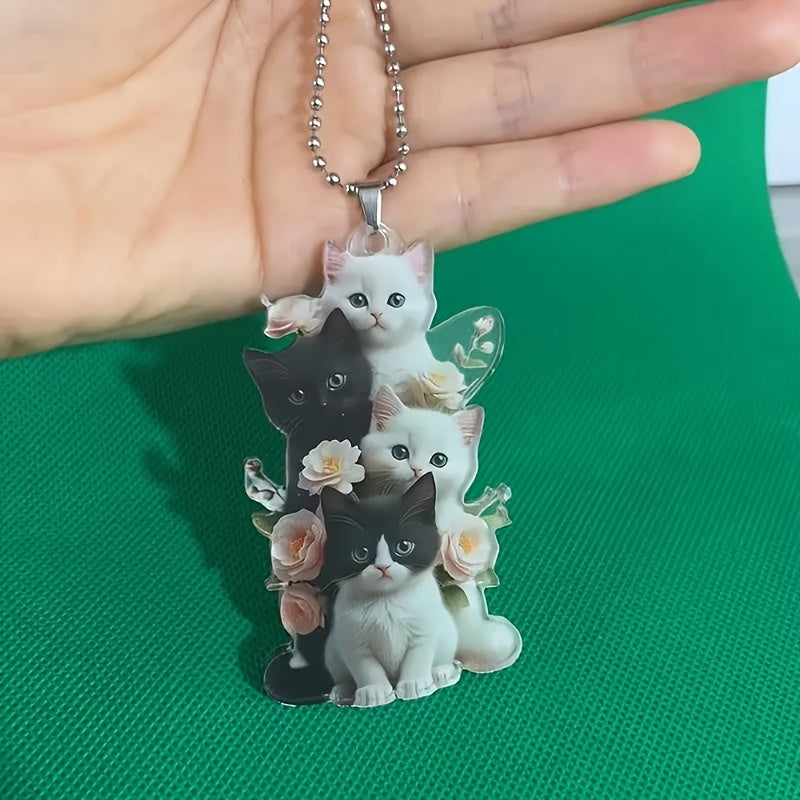 Charming Acrylic Cat & Floral Hanging Ornament - Versatile 2D Decor for Car Rearview Mirror, Bags & Keychains - Perfect Couple's Gift & Holiday Accessory