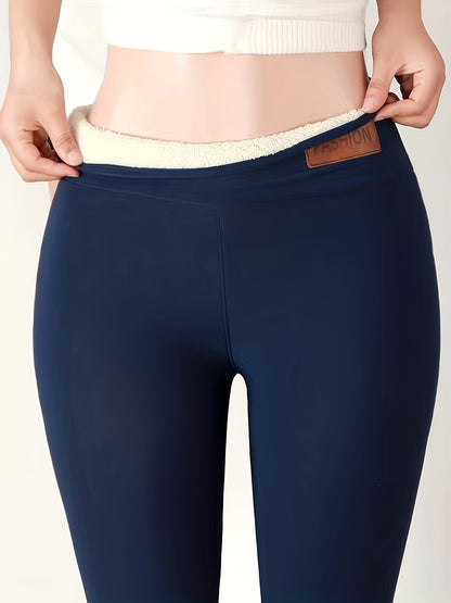 Women's Plush-Lined High Waist Leggings, Elastic And Comfortable, Casual Style Warm Pants For Winter, For Thermal Wear