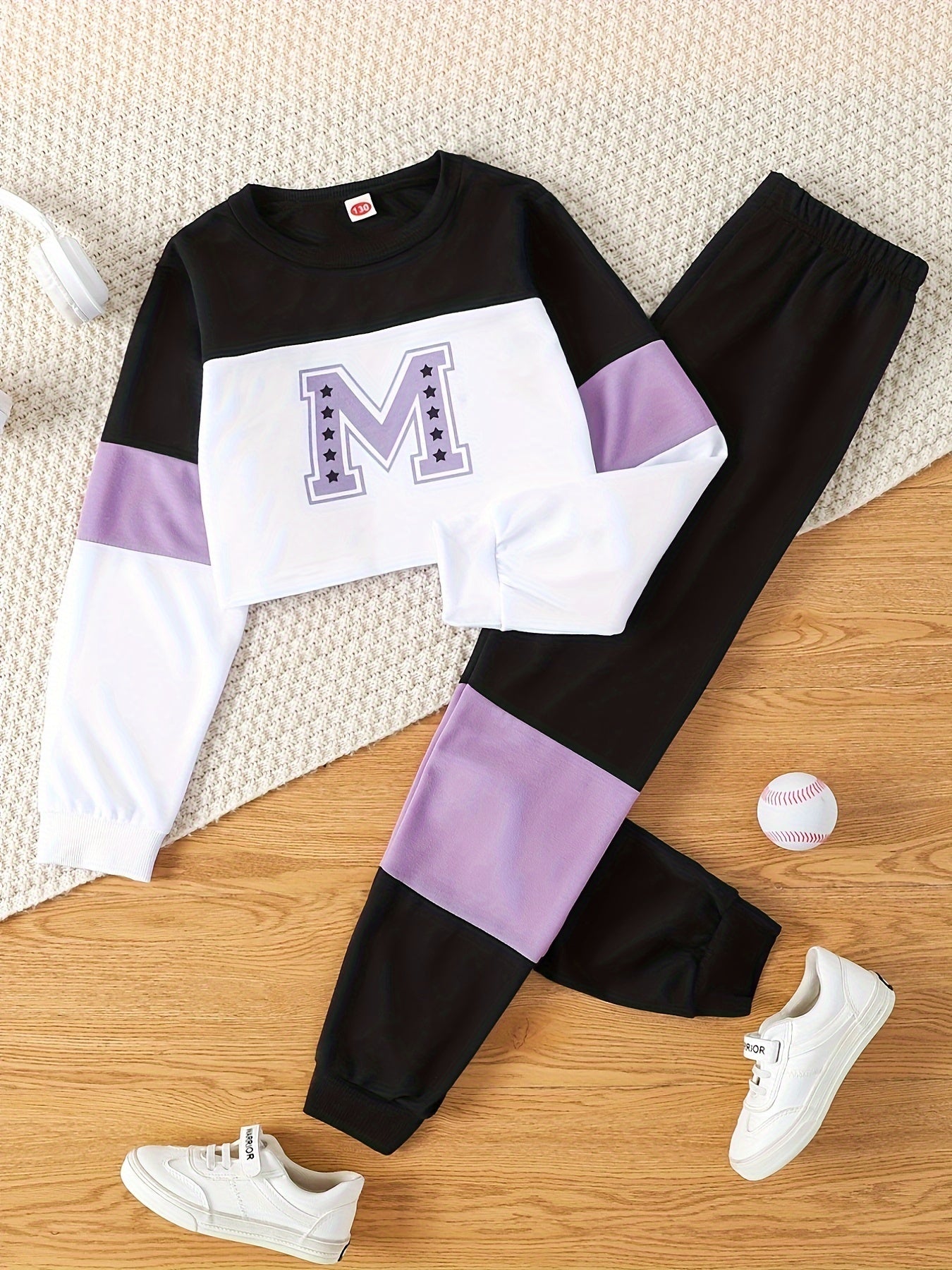 Youngsters's Spring and Autumn Style Letter Print Round Neck Short Long Sleeve Top and Color-Matching Spliced Long Pants Casual Two-Piece Set, Perfect for Outdoor