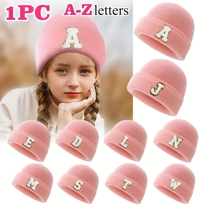 1pc Children's Knitted Hat with 26 Alphabet Letters, Pink Acrylic Stretchable Cap for Toddlers, Hand Washable, Breathable, Daily & Casual Wear, Perfect for Birthday Occasion