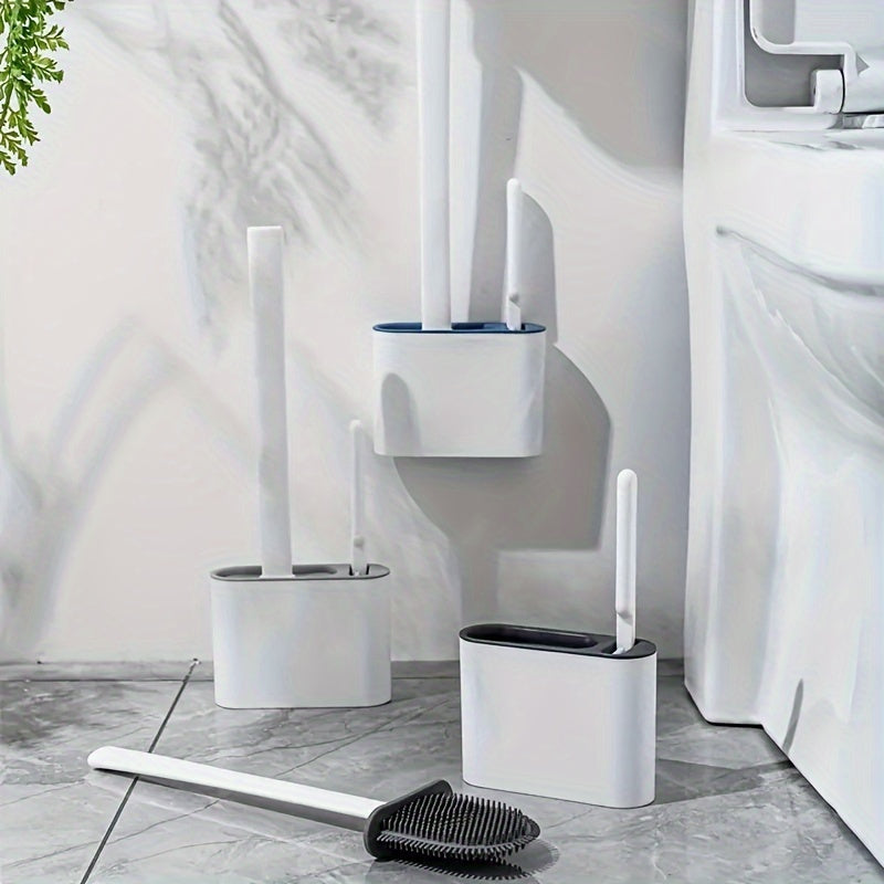 Wall-Mounted Toilet Brush Set, Silicone-Headed Bathroom Cleaning Kit, Space-Saving Long Handle Toilet Cleaner, Ergonomic Design, with 2 Brushes & Holder, for No Electricity Needed, Ideal for Living Room, Bathroom, Toilet, Kit