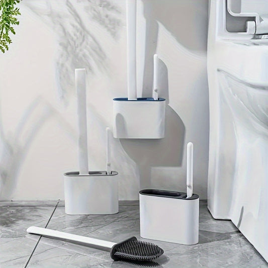 Wall-Mounted Toilet Brush Set, Silicone-Headed Bathroom Cleaning Kit, Space-Saving Long Handle Toilet Cleaner, Ergonomic Design, with 2 Brushes & Holder, for No Electricity Needed, Ideal for Living Room, Bathroom, Toilet, Kit