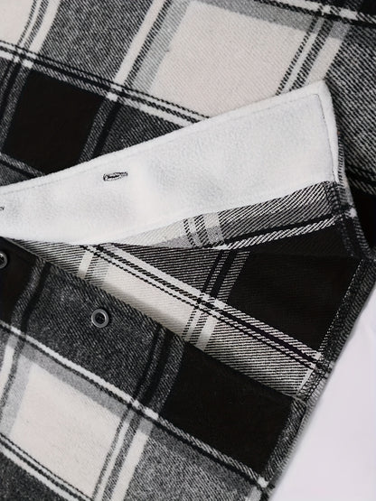 1pc Men'S Casual Plaid Fleece Jacket, Thickened Outerwear with Button Closure, Polyester Fabric, Non-Stretch, Regular Fit, Autumn/Winter Season, Solid Color Pocket Detail