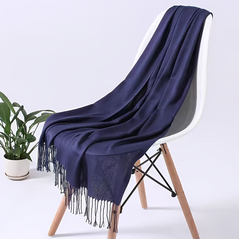 1pc Elegant and simple plain tassel long scarf with warm and versatile thin fabric, suitable for daily wear in all seasons, can also be used as a lady's air-conditioning shawl