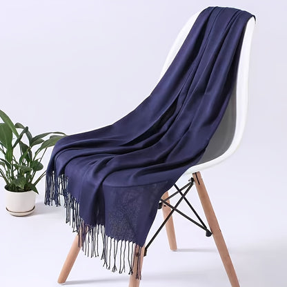 1pc Elegant and simple plain tassel long scarf with warm and versatile thin fabric, suitable for daily wear in all seasons, can also be used as a lady's air-conditioning shawl