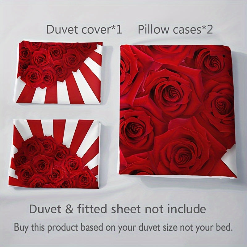 3pcs Romantic Red & White Rose Floral Print Bedding Set - Includes 1 Duvet Cover & 2 Pillowcases, Breathable Polyester, All-Season Comfort, HD Print for Home & Dorm Decor, Bed Accessories
