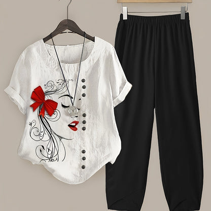 Plus Size Women'S Printed Top & Cropped Pants Set - Vacation Style, Crew Neck, Non-Stretch Fabric with Pocket Detail, Portrait Pattern, Lash Sets for Casual Wear, Vacation Outfit | Playful Print Top | Polyester Fabric