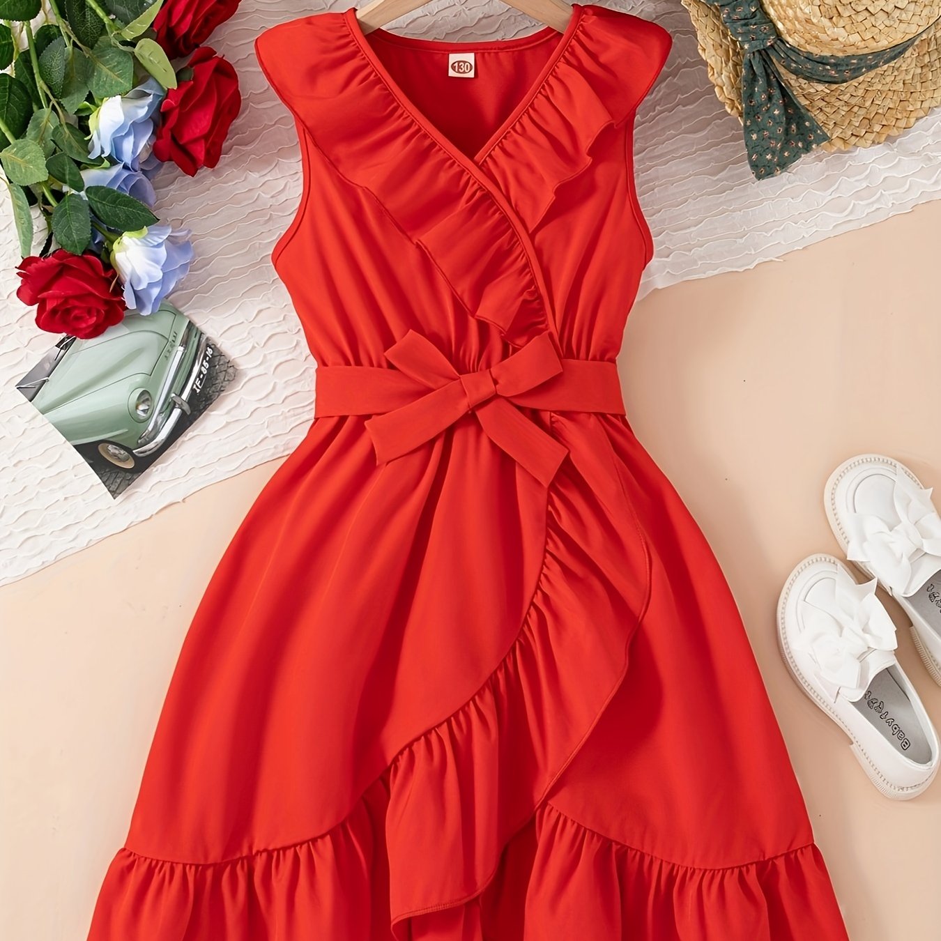 HWMFSNHFZ Elegante vestido de verano para niñas con cinturón, sin mangas y ribete de volantes lisos, ropa de fiesta