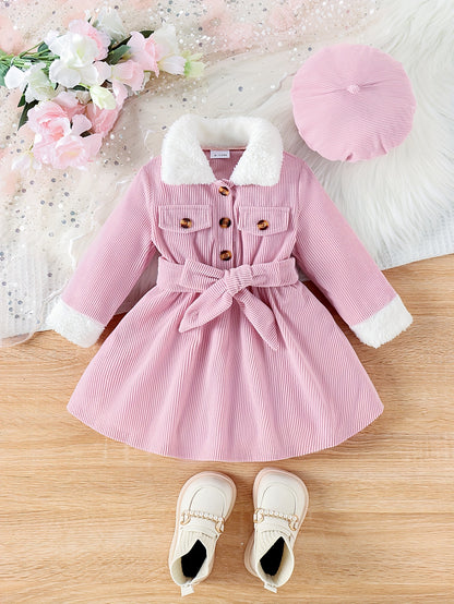 Vestido elegante de pana de manga larga con cuello afelpado para bebé, gorro y cinturón. Ideal para uso diario, fiestas y como regalo.
