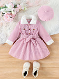 Baby's Elegant Fuzzy Collar Corduroy Long Sleeve Dress + Hat + Belt, Infant &amp; Toddler Girl's Dress For Daily Wear/Holiday/Party, As Gift