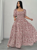 Women's Summer Square Neck Elastic Waist Floral Print Puff Sleeve A-Line Maxi Dress - Lightweight Breathable Machine Washable Plus Size Flowy Long Dress for Beach Vacation & Casual Outings, Beach Dresses