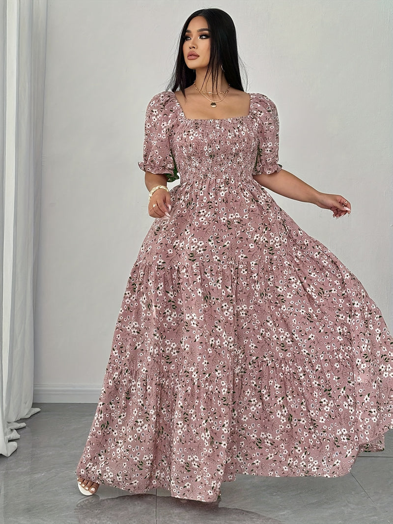 Women's Summer Square Neck Elastic Waist Floral Print Puff Sleeve A-Line Maxi Dress - Lightweight Breathable Machine Washable Plus Size Flowy Long Dress for Beach Vacation & Casual Outings, Beach Dresses