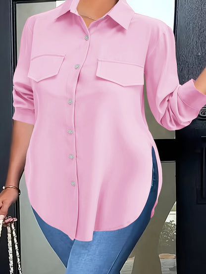 Blusa de talla grande con dobladillo curvo, informal, con cuello abotonado para primavera, ropa de talla grande para mujer.