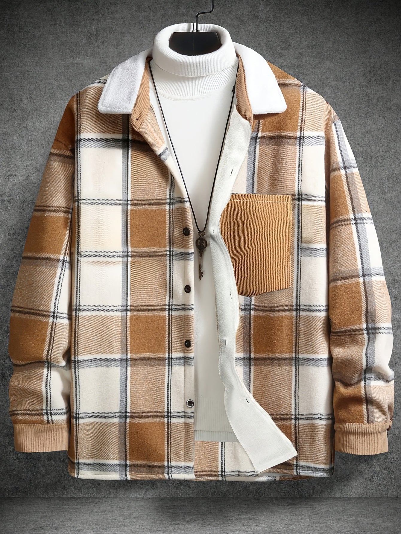 1pc Men'S Casual Plaid Fleece Jacket, Thickened Outerwear with Button Closure, Polyester Fabric, Non-Stretch, Regular Fit, Autumn/Winter Season, Solid Color Pocket Detail