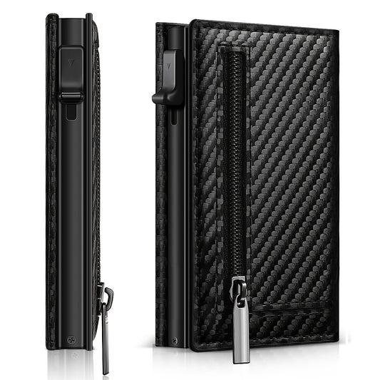 Cartera antirrobo para hombre, tarjetero con bloqueo RFID y bolsillo para monedas con cremallera, tarjetero automático emergente con clip para billetes, regalo ideal para hombres.