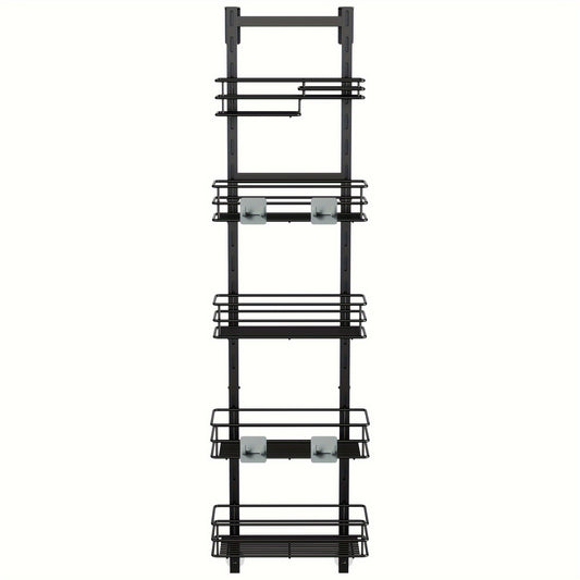 1pc Five-Tier Adjustable Rack, Black Over-the-Door Bathroom Shelf with Hooks, Shower Caddy, Bathroom Organizer and Storage, Home Organization and Storage, Bathroom Accessories