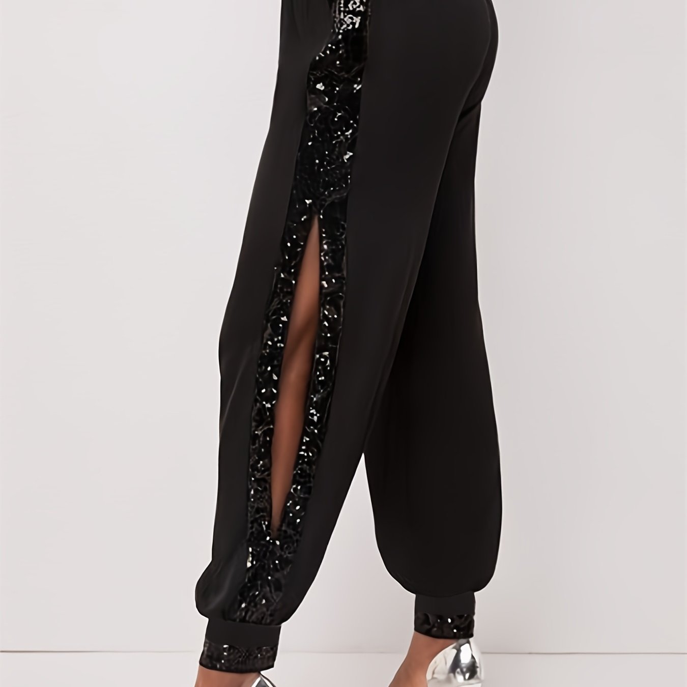 Elegant Plus Size Women's Harem Pants with Sequin Detail - High Waist, Stretchy Polyester Blend, Machine Washable