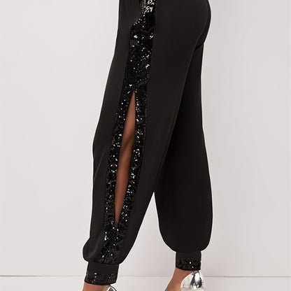 Elegant Plus Size Women's Harem Pants with Sequin Detail - High Waist, Stretchy Polyester Blend, Machine Washable