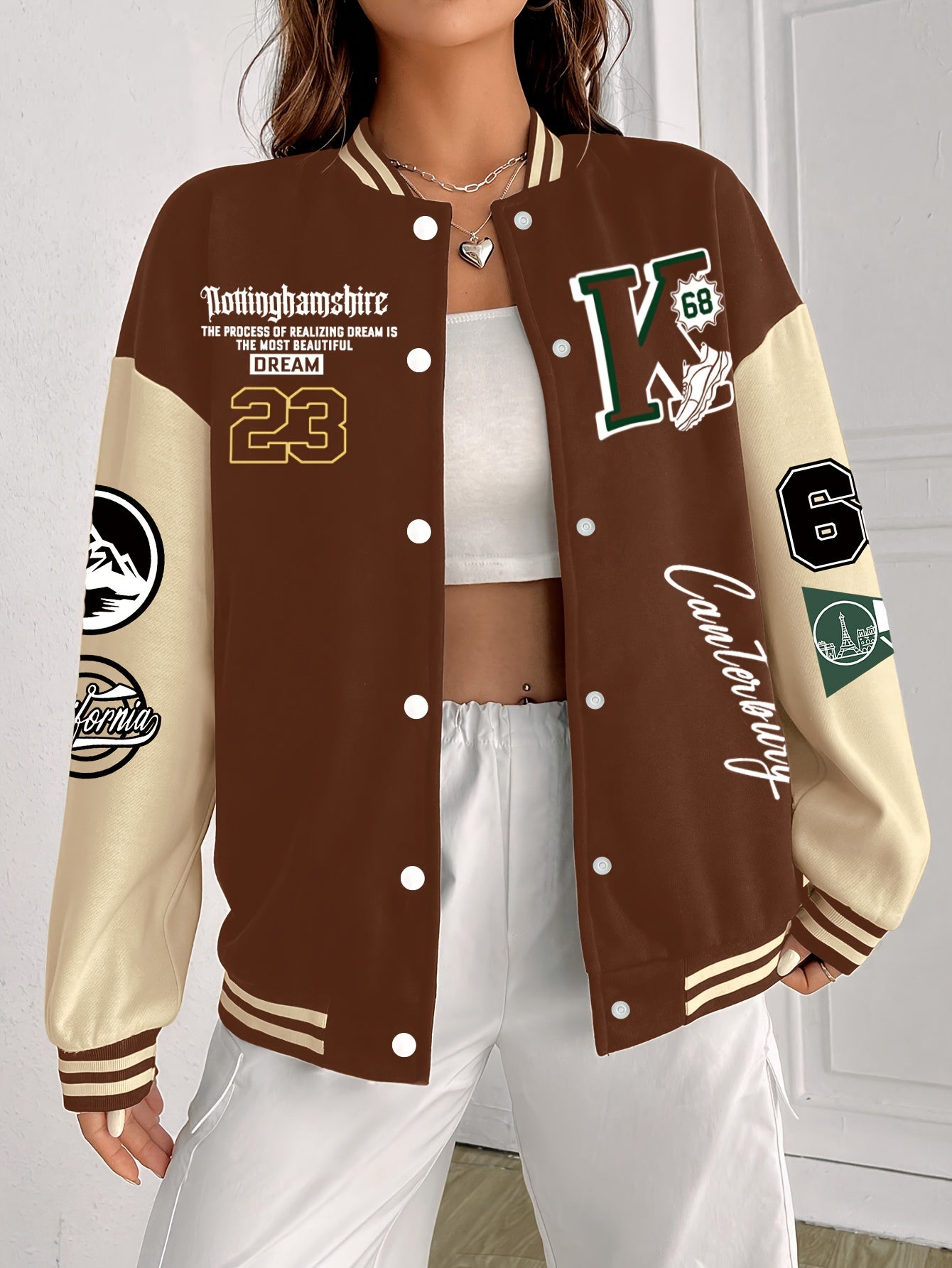 Chic Plus Size Women's Baseball Jacket - Casual Fall/Winter Coat with Letter Print, Button-Up Front, Machine Washable