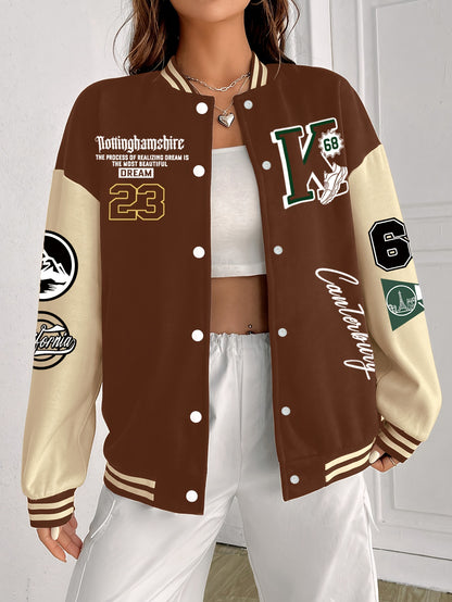 Chic Plus Size Women's Baseball Jacket - Casual Fall/Winter Coat with Letter Print, Button-Up Front, Machine Washable