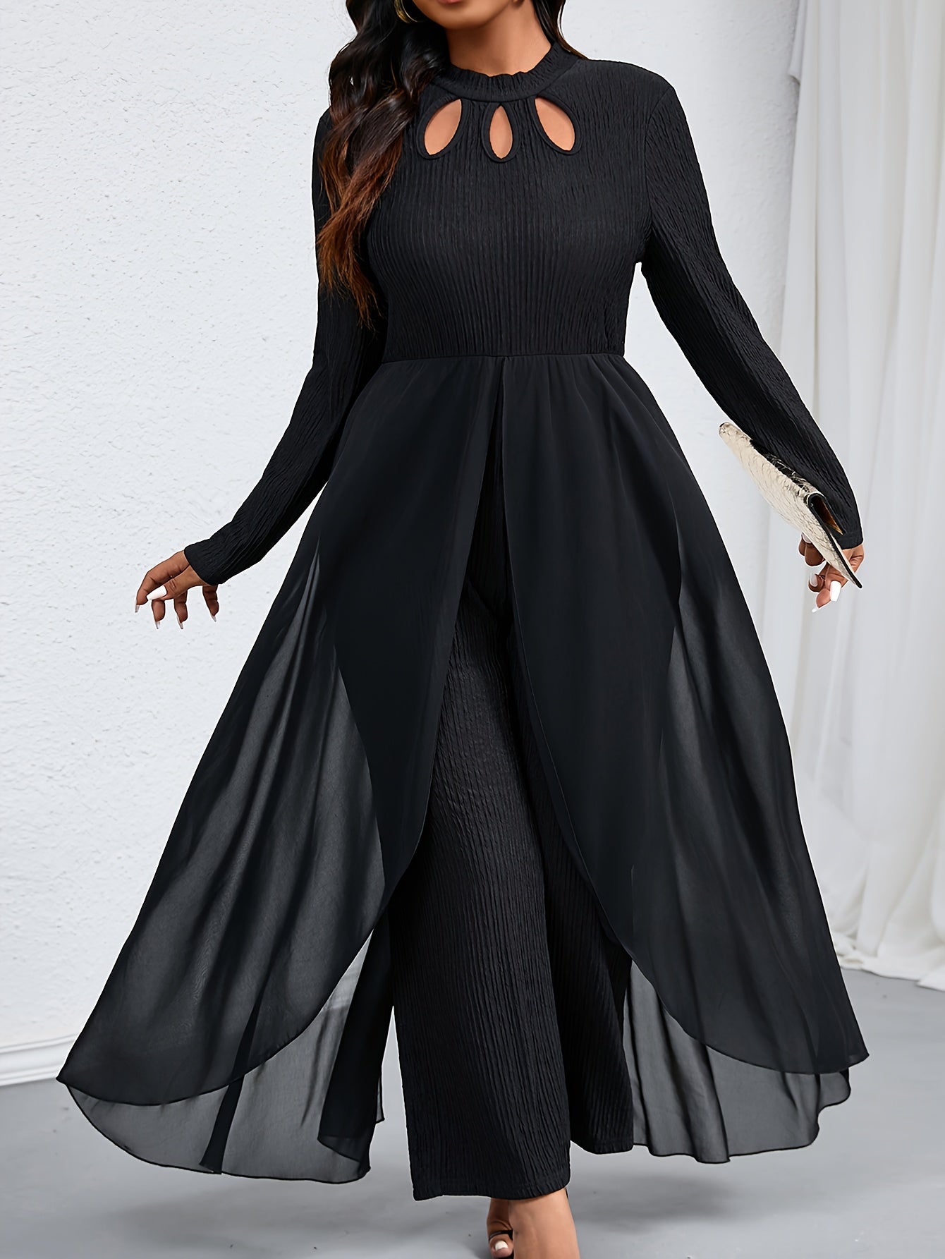 Elegant Women's Plus-Size T-Shirt Jumpsuit with Hollow-Out Detail, Polyester Knit Fabric, Small Stand Collar, Solid Color, Mid-Stretch, for Autumn/Winter