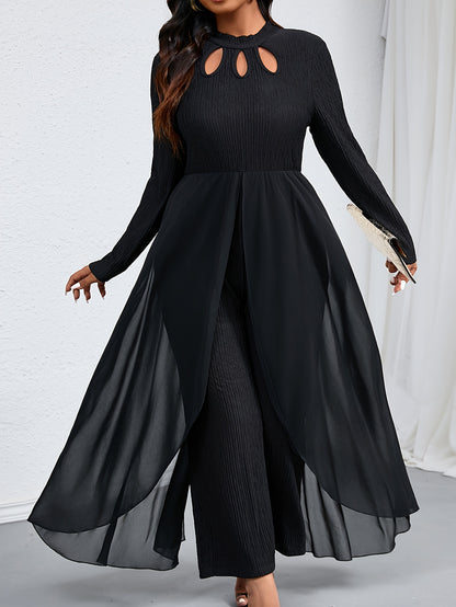 Elegant Women's Plus-Size T-Shirt Jumpsuit with Hollow-Out Detail, Polyester Knit Fabric, Small Stand Collar, Solid Color, Mid-Stretch, for Autumn/Winter