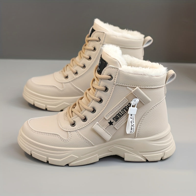 Women's Side Zipper Winter Thermal Snow Boots With Fleece Lining, Height Increased Thick-soled Platform Comfortable Lace-up Mid-tube Boots