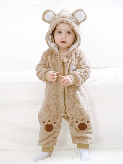 Bear Design Cute Hooded Jumpsuit For Baby Girls, Toddler Baby's Fleece Warm Long Sleeve Outdoor Outwear