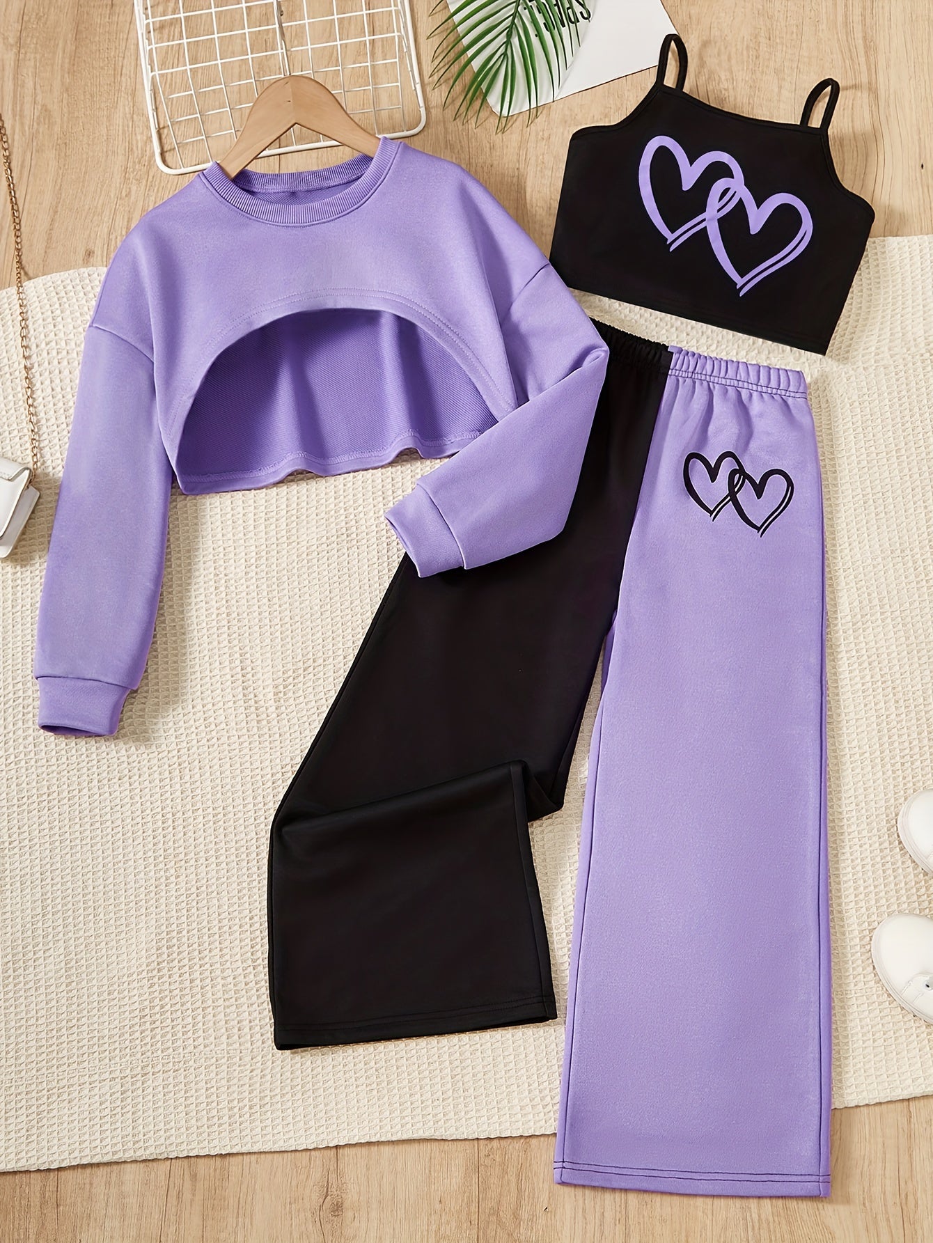Conjunto para niña: camisola con estampado de corazones, top de manga larga y pantalón de exterior con bloques de color. Conjunto informal de 3 piezas para primavera y otoño. Regalo.