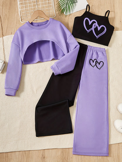 Conjunto para niña: camisola con estampado de corazones, top de manga larga y pantalón de exterior con bloques de color. Conjunto informal de 3 piezas para primavera y otoño. Regalo.