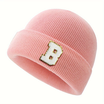 1pc Children's Knitted Hat with 26 Alphabet Letters, Pink Acrylic Stretchable Cap for Toddlers, Hand Washable, Breathable, Daily & Casual Wear, Perfect for Birthday Occasion