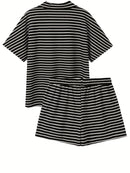Summer New Arrival Plus Size Women's V-Neck Striped Top and Shorts Set
