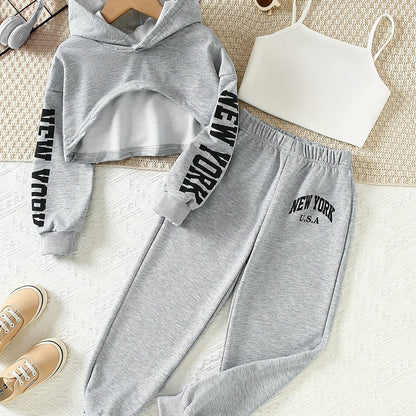 Girls' 3pcs Fashion Outfit, Short Hoodie and Tank Top with Athletic Pants Set, New York Print Casual Long Sleeve Top, Kids Spring/Summer/Autumn/Winter Clothing, Knitted Fabric, Stretchy, Letter Pattern, Regular Fit, Polyester