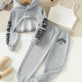 Girls' 3pcs Fashion Outfit, Short Hoodie and Tank Top with Athletic Pants Set, New York Print Casual Long Sleeve Top, Kids Spring/Summer/Autumn/Winter Clothing, Knitted Fabric, Stretchy, Letter Pattern, Regular Fit, Polyester