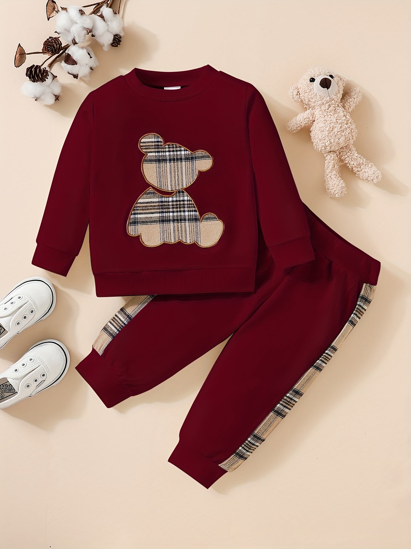Adorable 2pcs Outfit For Toddler Girls &amp; Boys - Bear Embroidery Sweatshirt &amp; Splicing Pants! Outdoor Clothes