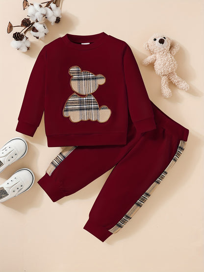 Adorable 2pcs Outfit For Toddler Girls &amp; Boys - Bear Embroidery Sweatshirt &amp; Splicing Pants! Outdoor Clothes