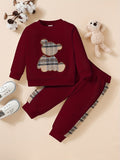 Adorable 2pcs Outfit For Toddler Girls &amp; Boys - Bear Embroidery Sweatshirt &amp; Splicing Pants! Outdoor Clothes
