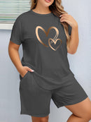 2pcs Women'S Plus Size Casual Outfit - Heart Print Short Sleeve T-Shirt & Pocketed Shorts, Stretchy Waistband, Crew Neck, Soft Fabric, Perfect for Spring/Summer