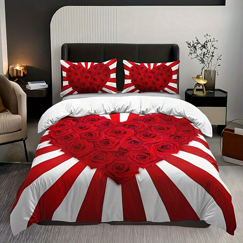 3pcs Romantic Red & White Rose Floral Print Bedding Set - Includes 1 Duvet Cover & 2 Pillowcases, Breathable Polyester, All-Season Comfort, HD Print for Home & Dorm Decor, Bed Accessories