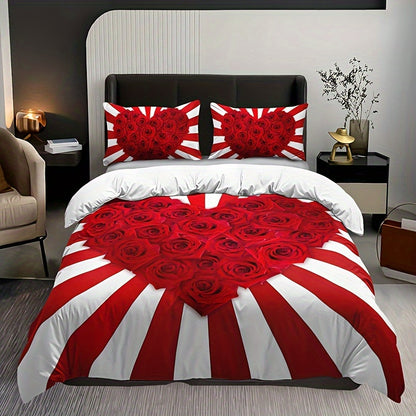 3pcs Romantic Red & White Rose Floral Print Bedding Set - Includes 1 Duvet Cover & 2 Pillowcases, Breathable Polyester, All-Season Comfort, HD Print for Home & Dorm Decor, Bed Accessories