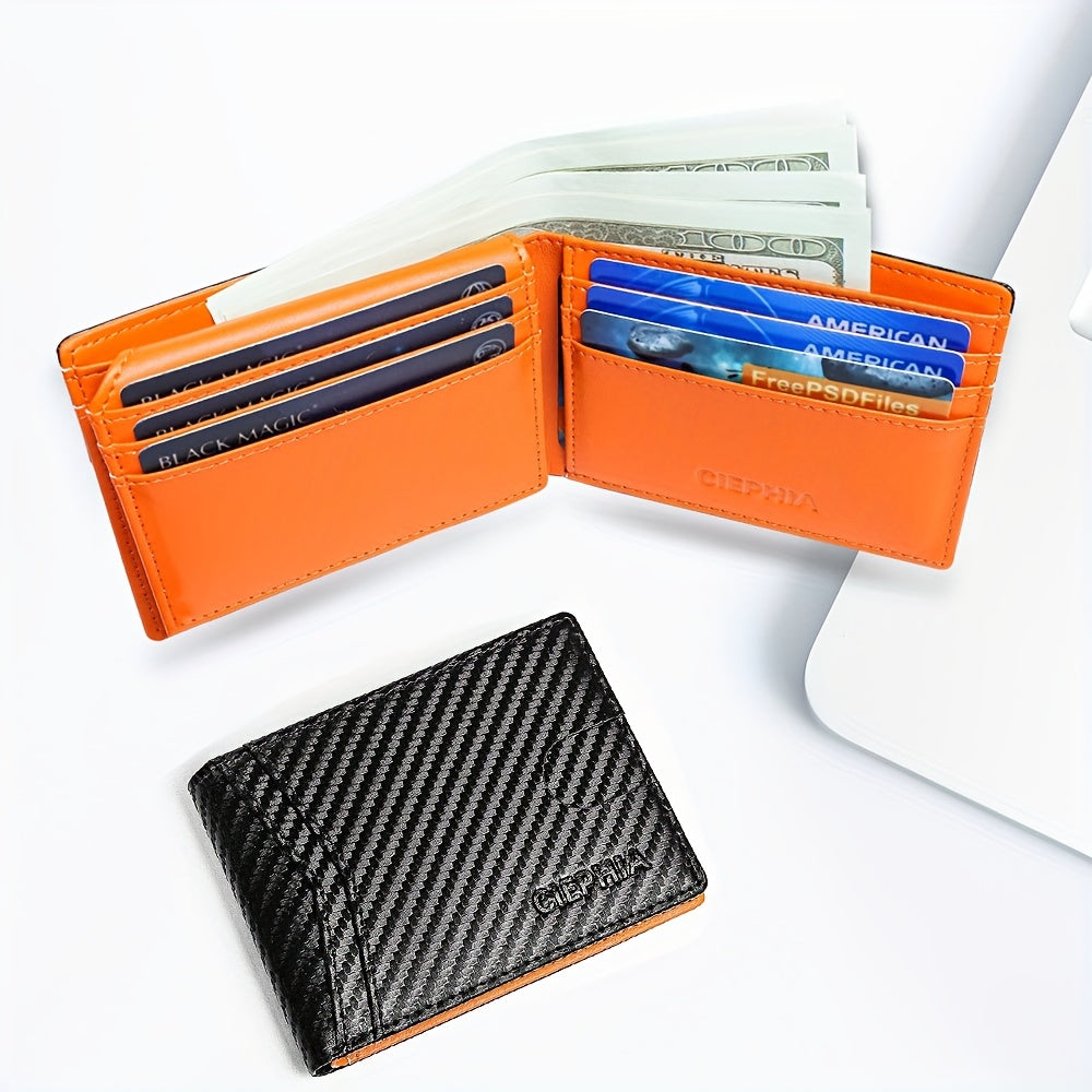 Cartera delgada plegable para hombre, tarjetero con bloqueo RFID, dos ventanas para identificación y pinzas para billetes.