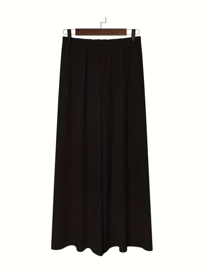 Plus Size - 2pcs Plus Size Wide-Leg Culottes - Casual High-Waist Pants with Elastic Waistband, Non-Stretch Fabric, Solid Color, Relaxed Fit for Spring/Summer/Fall, Casual Attire|Elastic Waistband Pants|Nonstretch Fabric