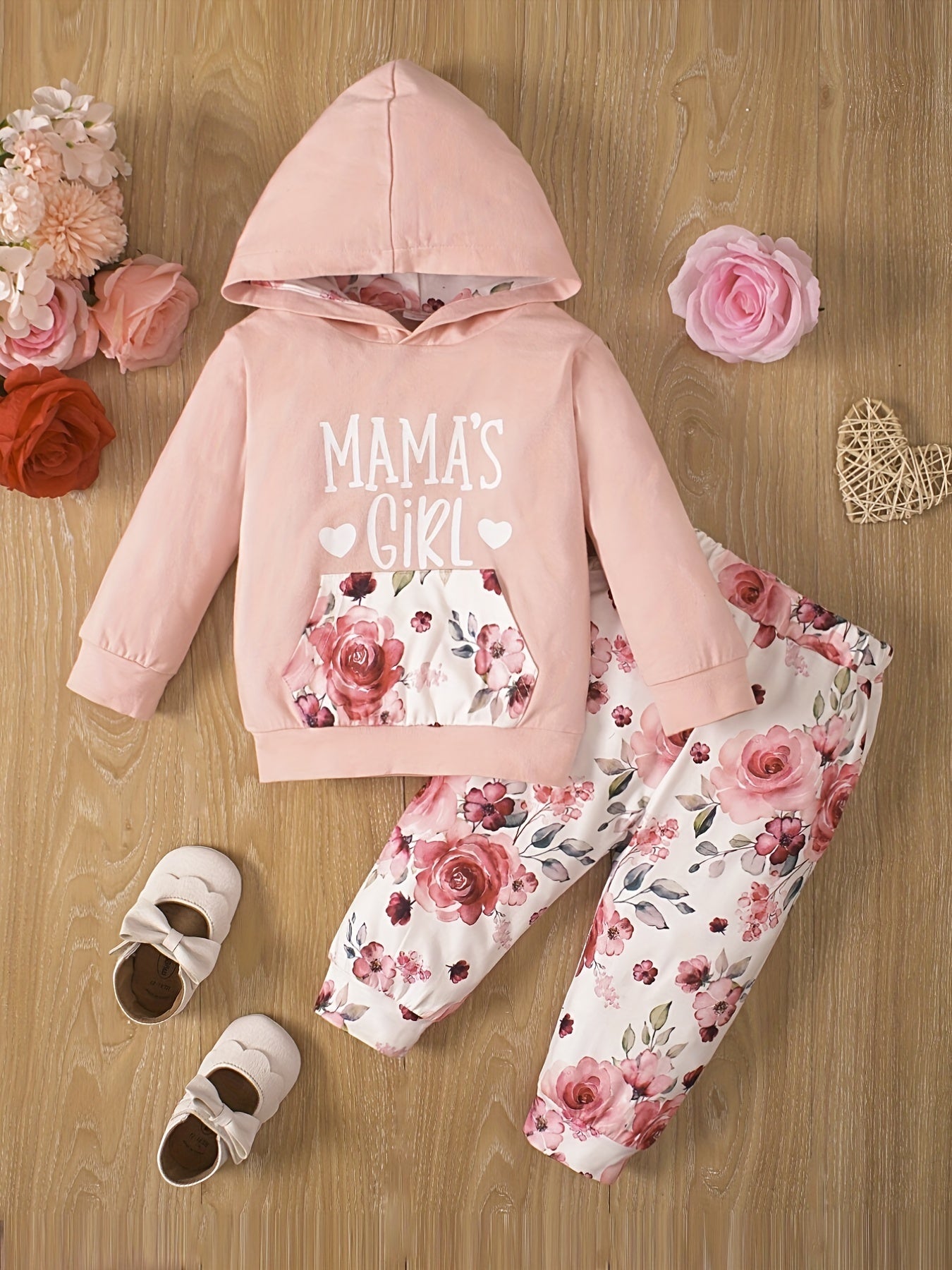 2pcs Toddler Baby Girls Casual Cute Cotton Outdoor Set - MAMA'S GIRL Letter Graphic Long Sleeve Sweatshirt + Floral Trousers, Outdoor Cloth